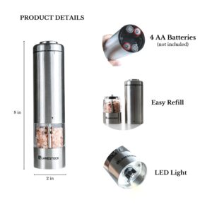 Electric Salt and pepper grinder by Lanestock - Combo set of battery operated stainless steel spice grinders with stand - LED light and adjustable knob on each mill - Powerful motor - long life-span