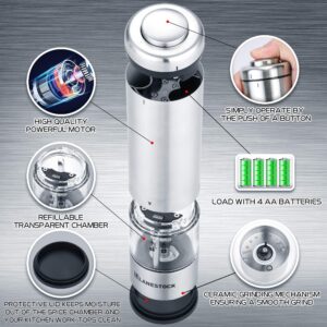 Electric Salt and pepper grinder by Lanestock - Combo set of battery operated stainless steel spice grinders with stand - LED light and adjustable knob on each mill - Powerful motor - long life-span