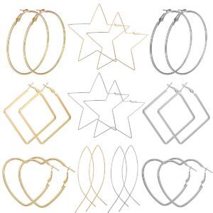 aidsotou 10 pairs geometric big hoop earrings 50mm-60mm large stainless steel square star heart shaped hoop earrings for women (gold silver)