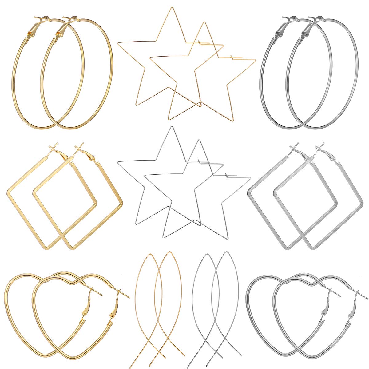 AIDSOTOU 10 Pairs Geometric Big Hoop Earrings 50mm-60mm Large Stainless Steel Square Star Heart Shaped Hoop Earrings for Women (Gold Silver)