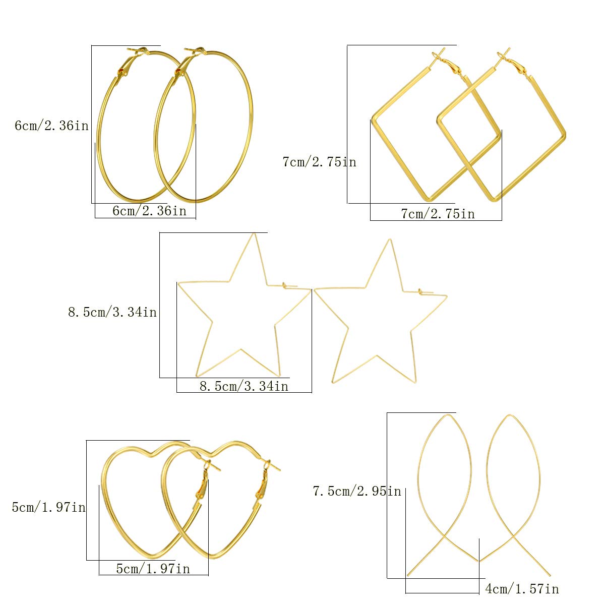 AIDSOTOU 10 Pairs Geometric Big Hoop Earrings 50mm-60mm Large Stainless Steel Square Star Heart Shaped Hoop Earrings for Women (Gold Silver)