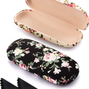 2 Pieces Hard Shell Eyeglass Case Flower Glasses Case for Women Floral Fabric Women Eyeglass Case Retro Hard Glass Case Portable Eyeglass Box for Women Girl Ladies Spectacles (Apricot, Black)