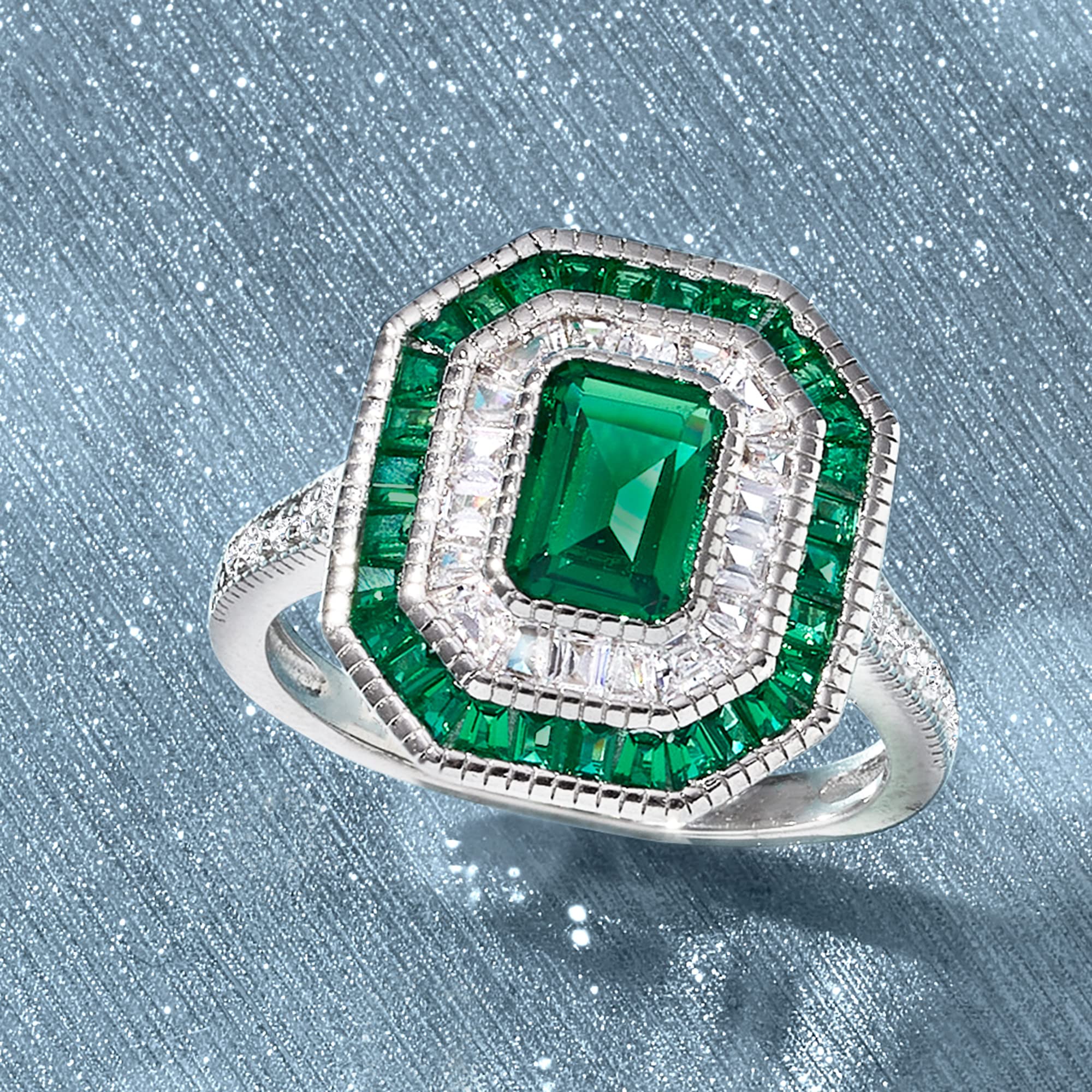 Ross-Simons 2.00 ct. t.w. Simulated Emerald and .77 ct. t.w. CZ Ring in Sterling Silver. Size 8