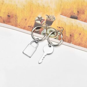 Lock and Key Earrings for Women.Asymmetric Lock Key Earring, Padlock Dangle Hoop Earrings Key Punk Edgy Aesthetic Earrings