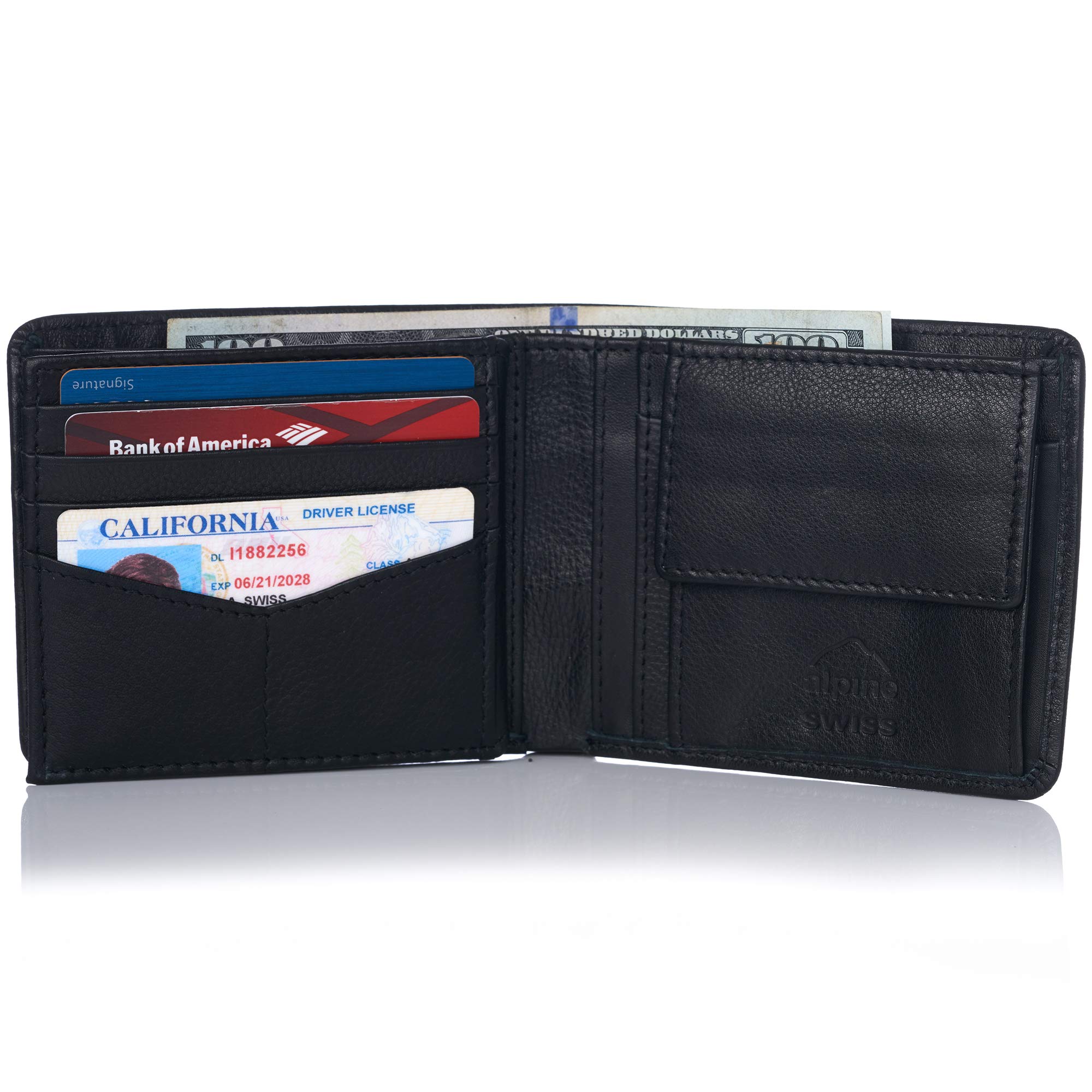 Alpine Swiss RFID Protected Men’s Max Coin Pocket Bifold Wallet with Divided Bill Section Soft Nappa Black