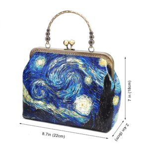 Rejolly Women Leather Vintage Handbag Kiss Lock Top Handle Evening Clutch Purse Shoulder Bag Van Gogh The Starry Night