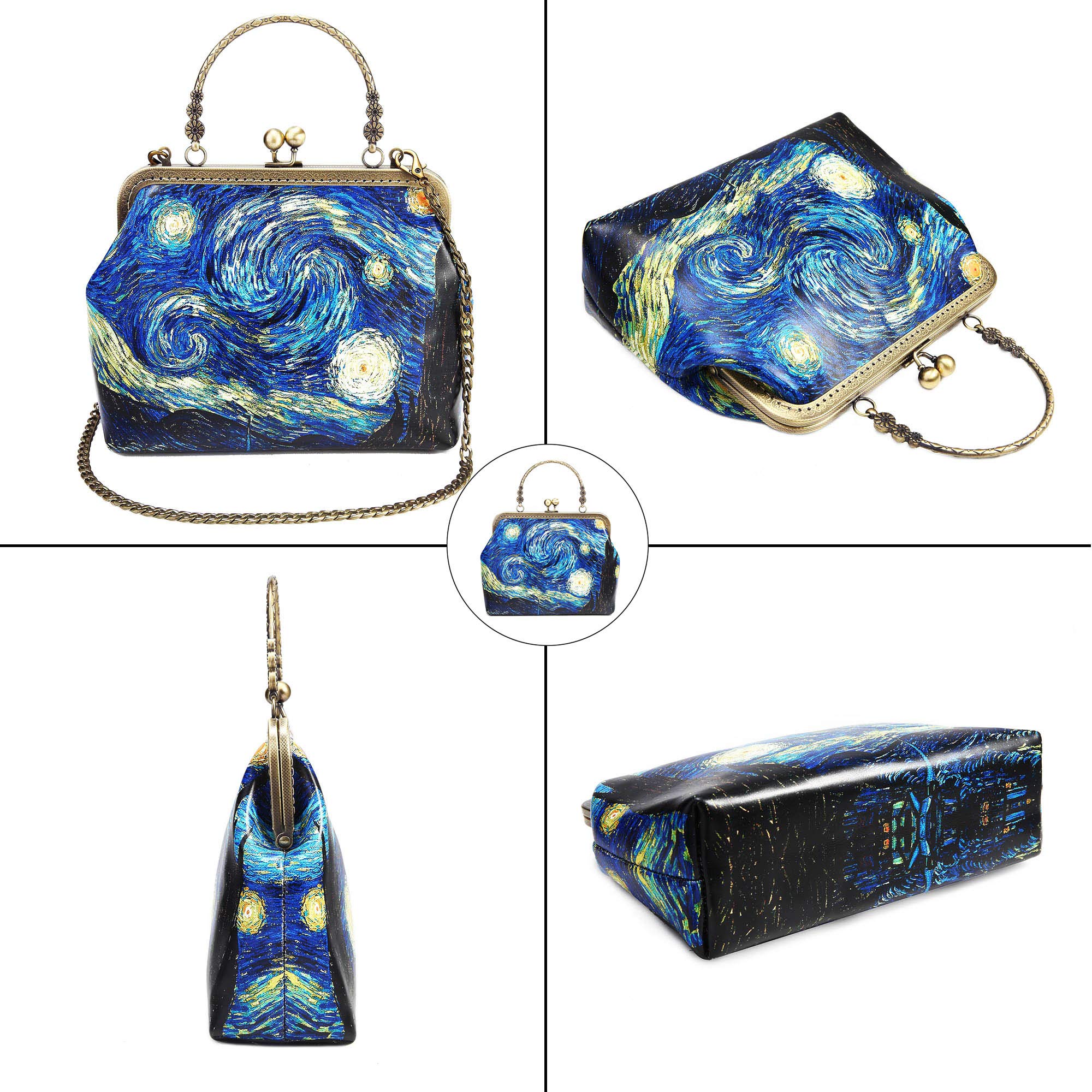 Rejolly Women Leather Vintage Handbag Kiss Lock Top Handle Evening Clutch Purse Shoulder Bag Van Gogh The Starry Night