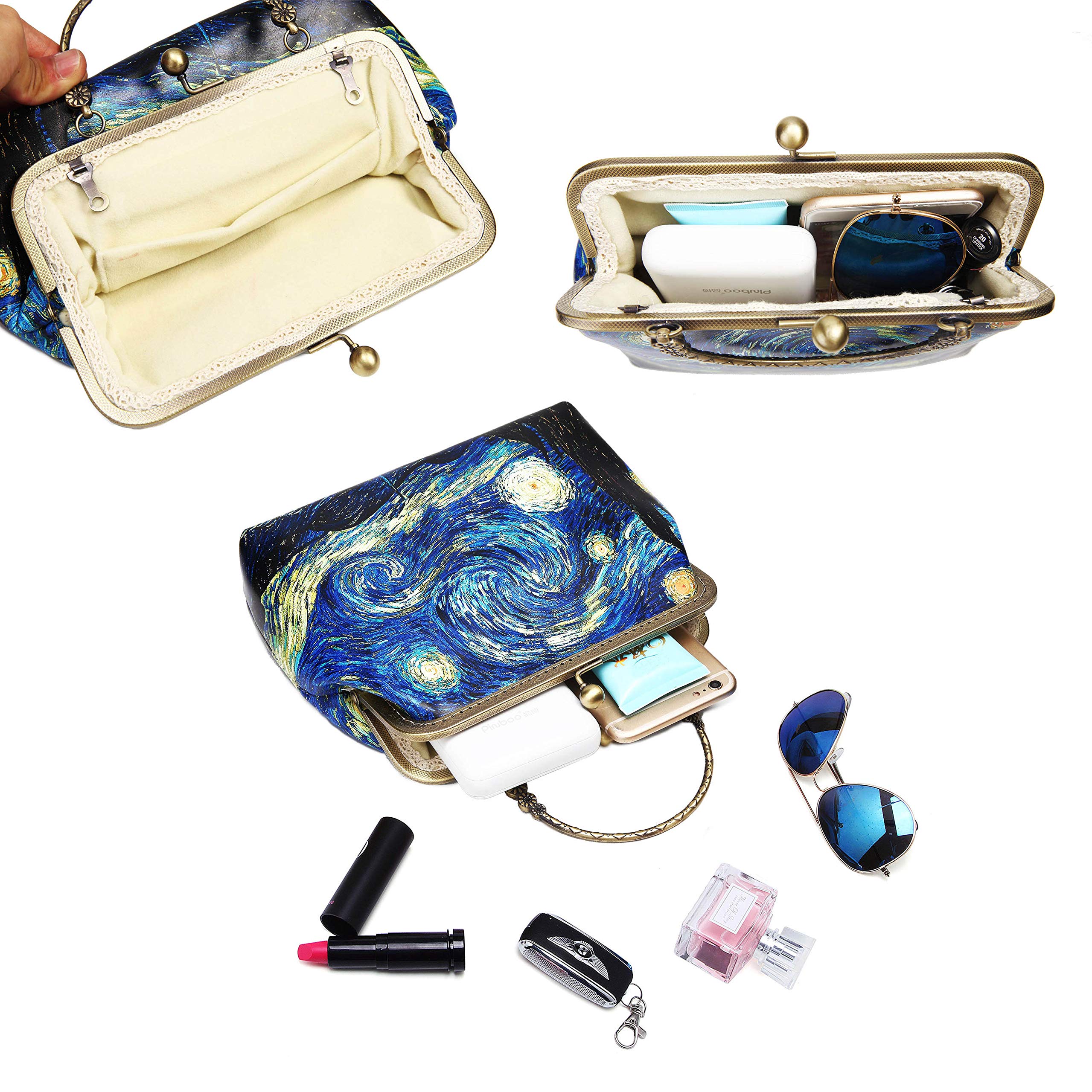 Rejolly Women Leather Vintage Handbag Kiss Lock Top Handle Evening Clutch Purse Shoulder Bag Van Gogh The Starry Night