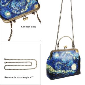 Rejolly Women Leather Vintage Handbag Kiss Lock Top Handle Evening Clutch Purse Shoulder Bag Van Gogh The Starry Night