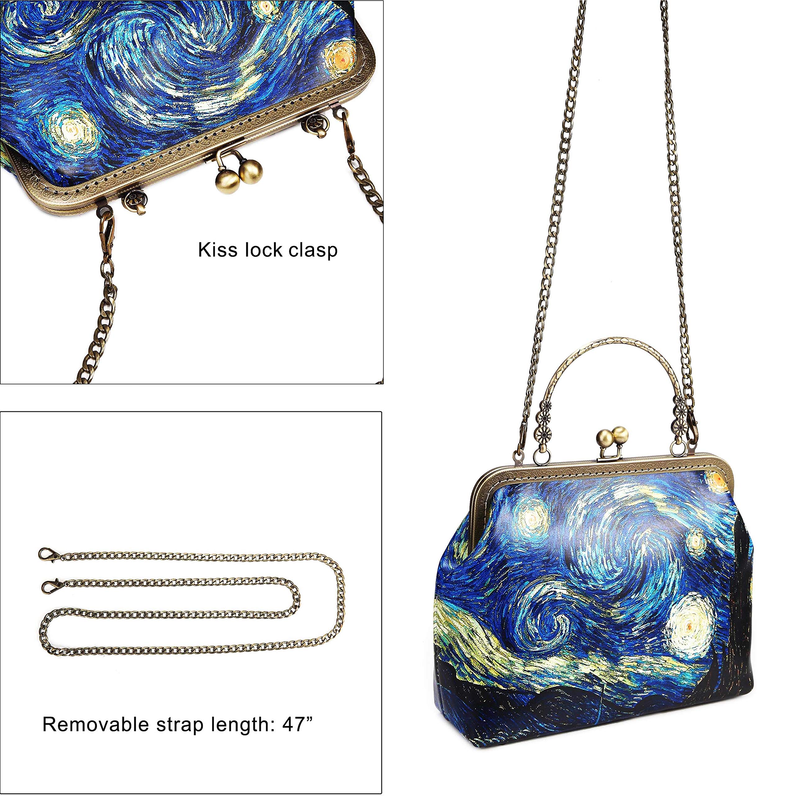 Rejolly Women Leather Vintage Handbag Kiss Lock Top Handle Evening Clutch Purse Shoulder Bag Van Gogh The Starry Night