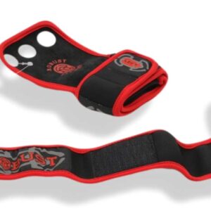 ROBUST FITNESS Genuine Leather Hand Grips for Gymnastics & Cross-Training, Pull-ups, Weightlifting, WODs with Neoprene Wrist warps. Palm Shield from Rips & Blisters. (Red, Medium)