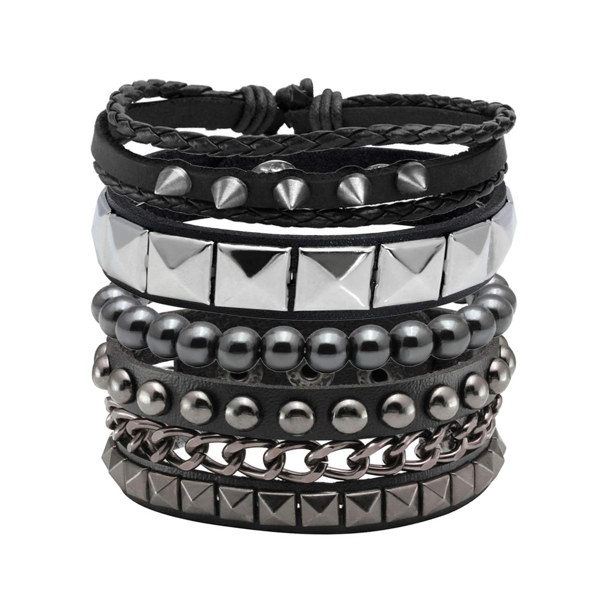 Eigso 4 Pcs Punk Leather Bracelet Hematite Black for Men Women Adjustable Spike Metal Cuff Bangle