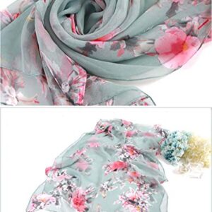 AliceLife Print Silk Feeling Scarf Fashion Scarves Lightweight Sunscreen Shawls for Women (peach blossom&Green)