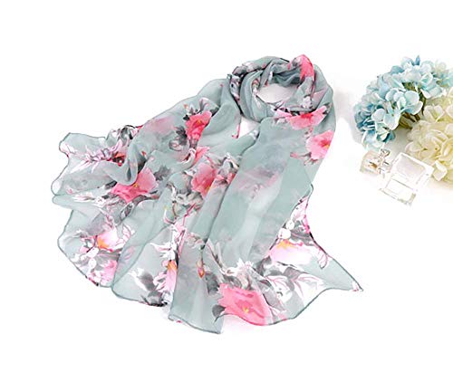 AliceLife Print Silk Feeling Scarf Fashion Scarves Lightweight Sunscreen Shawls for Women (peach blossom&Green)