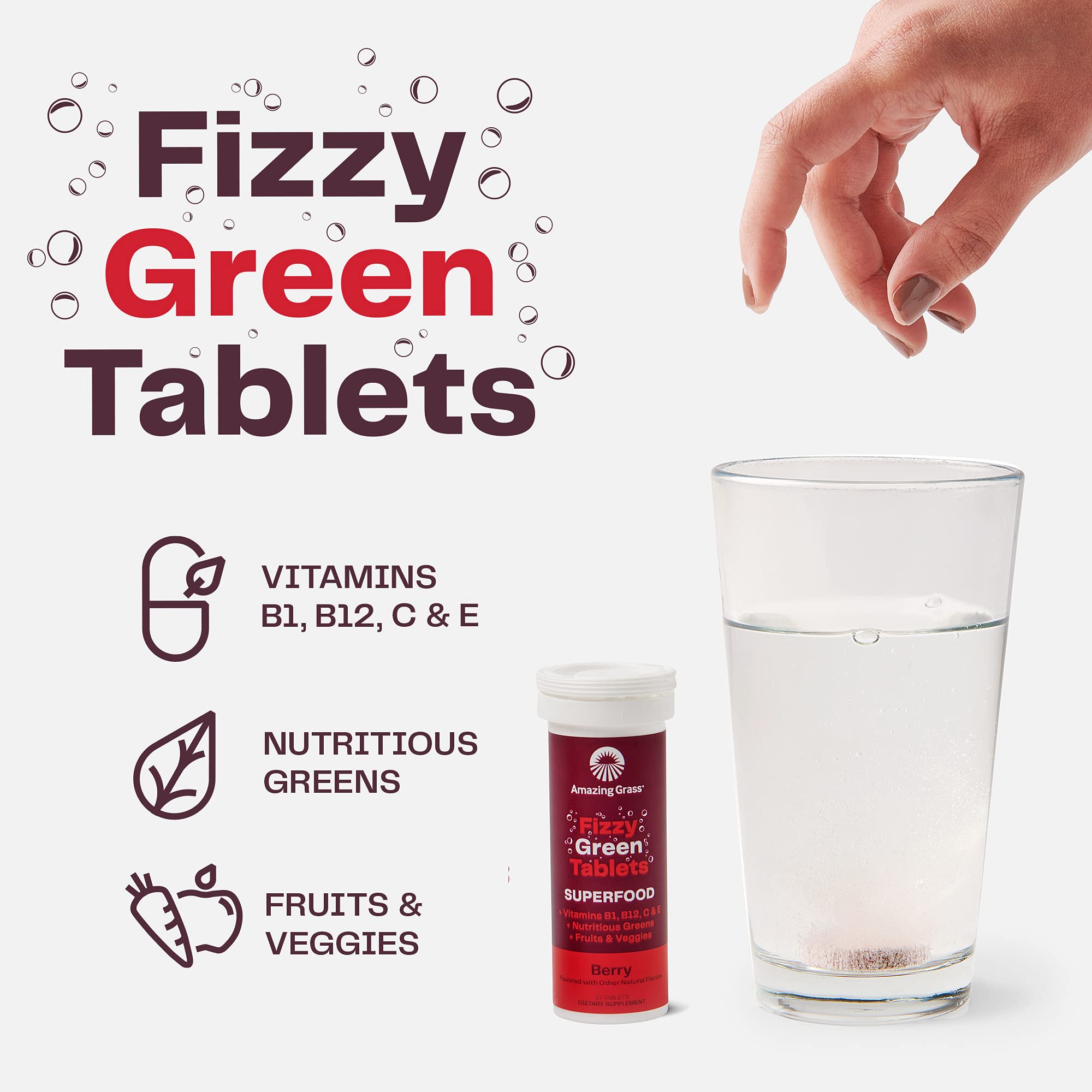 Amazing Grass Fizzy Green Tablets Superfood: Green Superfood Water Flavoring Tablet with Antioxidants & Alkalizing Greens, Berry, 10 Count (Pack of 3)