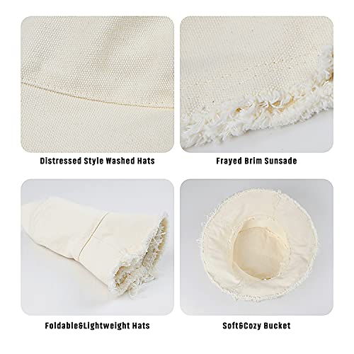 Bucket-Hat-Distressed Sun-Protection Washed-Cotton Beach-Sun-Hat - Summer-Wide-Brim(3.2inch Brim) Beach-Cap(Size:S-M) Beige