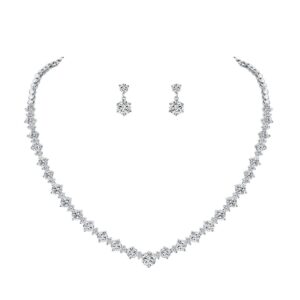 weimanjewelry silver/gold plated women cubic zirconia round cut cz bridal necklace and drop earring set for bride wedding (silver)