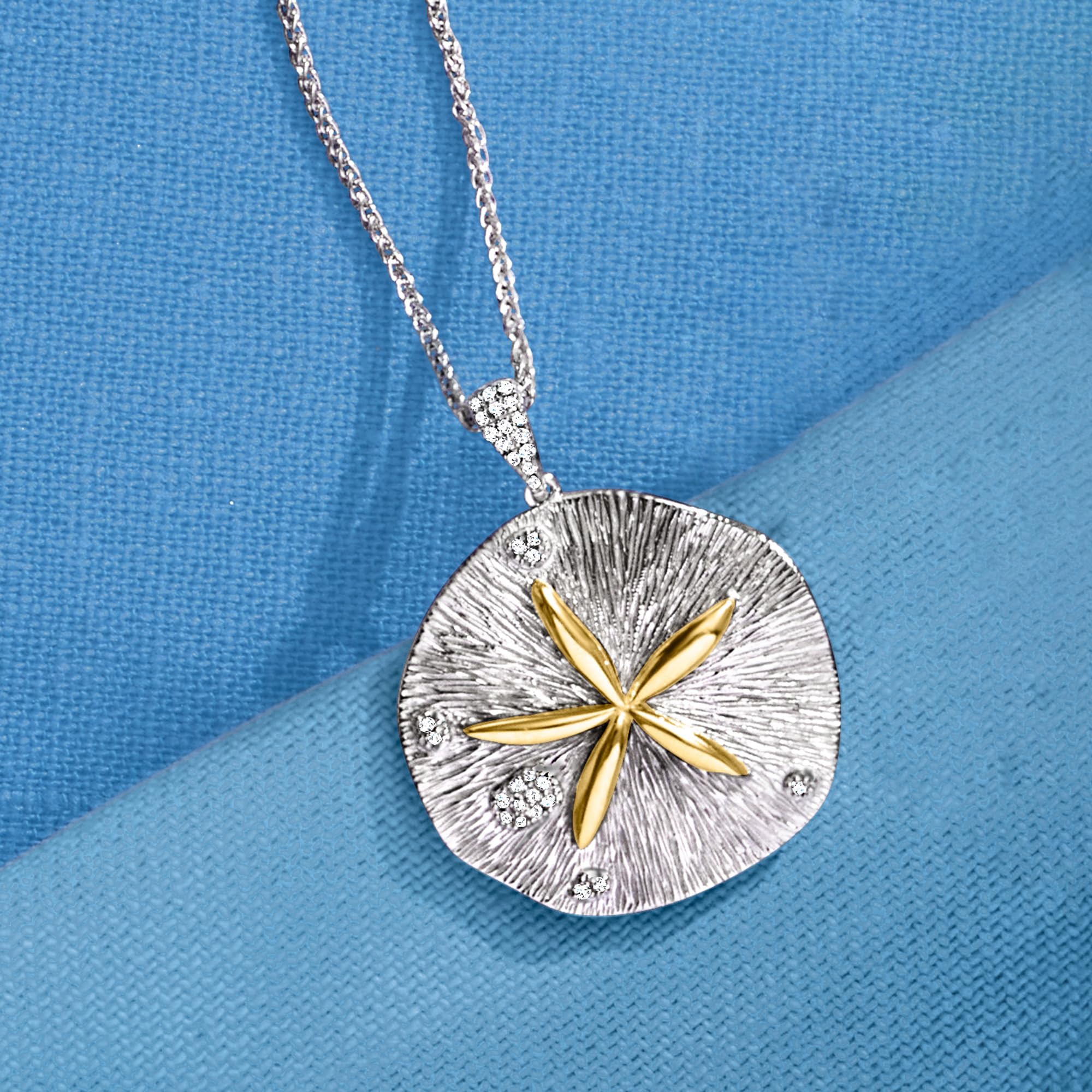 Ross-Simons 0.10 ct. t.w. Diamond Sand Dollar Necklace in Sterling Silver and 14kt Yellow Gold