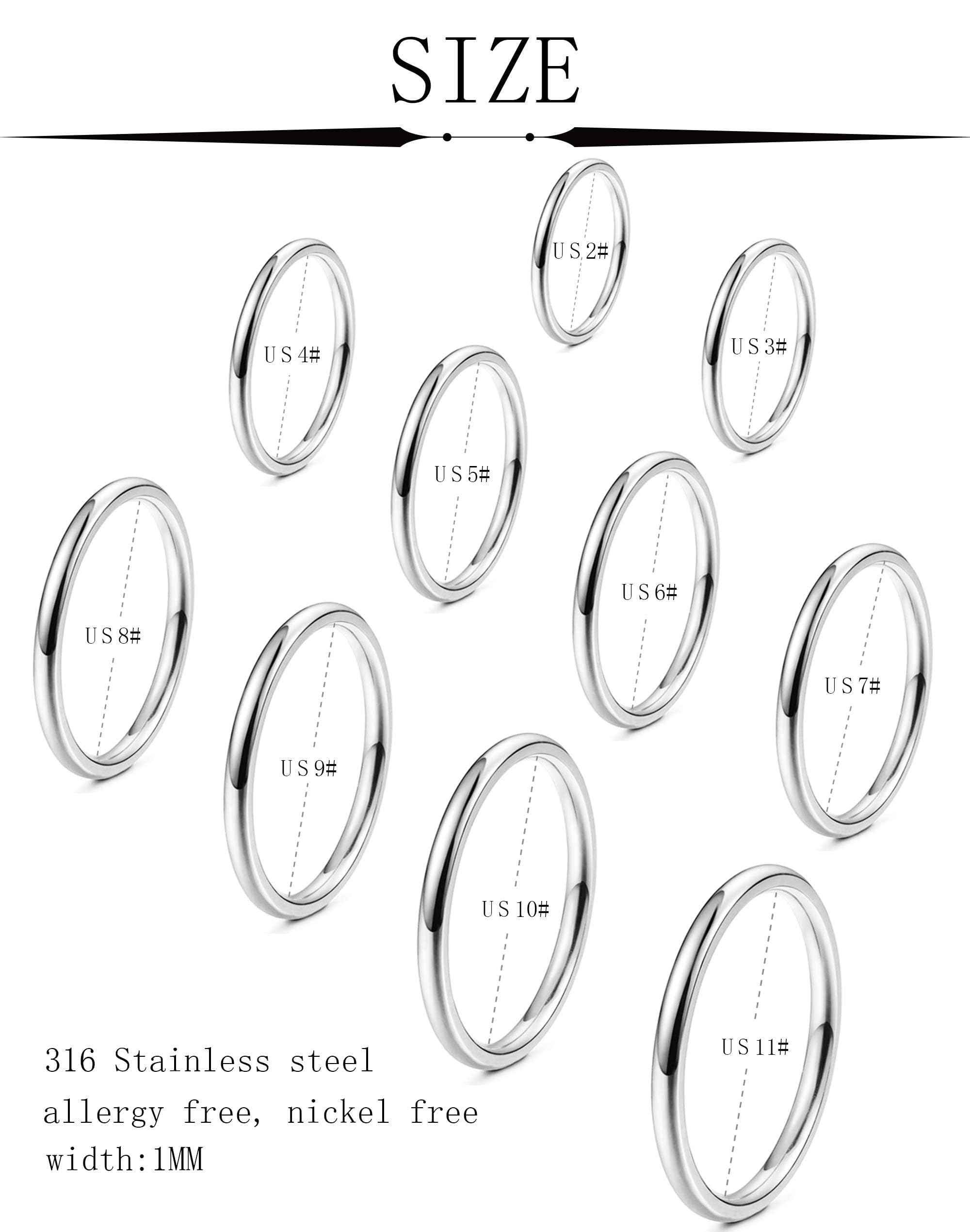 FINREZIO 10PCS Women's 1MM Stainless Steel Plain Band Knuckle Stacking Rings Fashion Thin Midi Rings Comfort Fit Size 2-11 Silver Tone