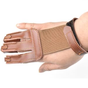 Windfulogo Leather Archery Hand Glove Finger Tab Hand Guard Protector Long Bow for Right Hand 3 Fingers Brown