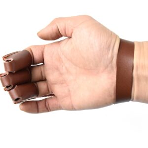 Windfulogo Leather Archery Hand Glove Finger Tab Hand Guard Protector Long Bow for Right Hand 3 Fingers Brown