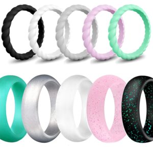 SkullParty Silicone Wedding Ring Bands for Women 10 Pack Size 5 Womens Thin Stackable & Flash Powder Rubber Wedding Band Rings 5.7mm & 3mm Wide - Pink Black Teal Metallic White Grey Mint Green