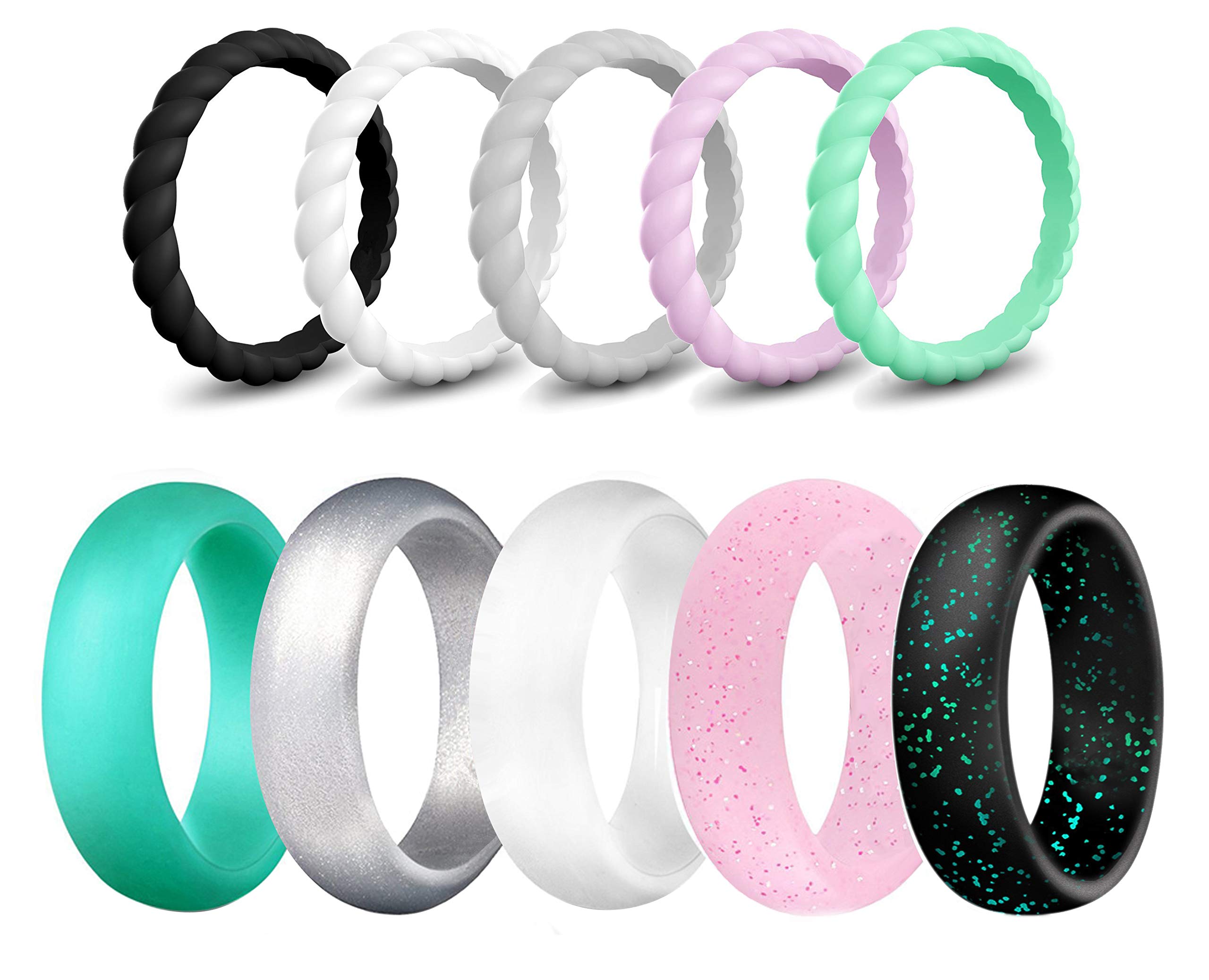 SkullParty Silicone Wedding Ring Bands for Women 10 Pack Size 5 Womens Thin Stackable & Flash Powder Rubber Wedding Band Rings 5.7mm & 3mm Wide - Pink Black Teal Metallic White Grey Mint Green