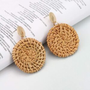 Rattan Earrings Handmade Straw Wicker Braid Woven Drop Earrings Boho Round Disc Earrings Lightweight Statement Stud Earrings For Women (metal disc)