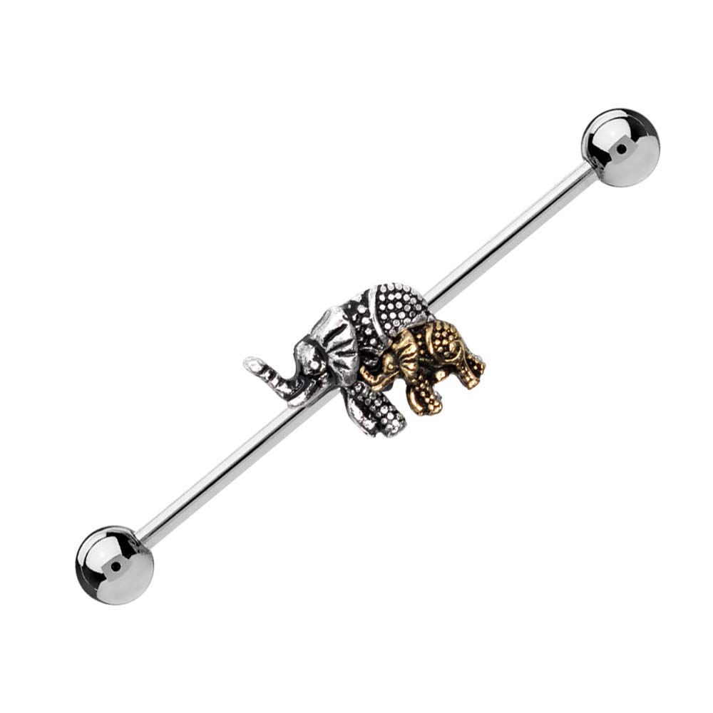 Pierce2GO 14G 38mm Surgical Steel Beautiful Silver and Gold Baby elephant head Industrial Barbell Ear Piercing Bar 1 1/2".industrial ring