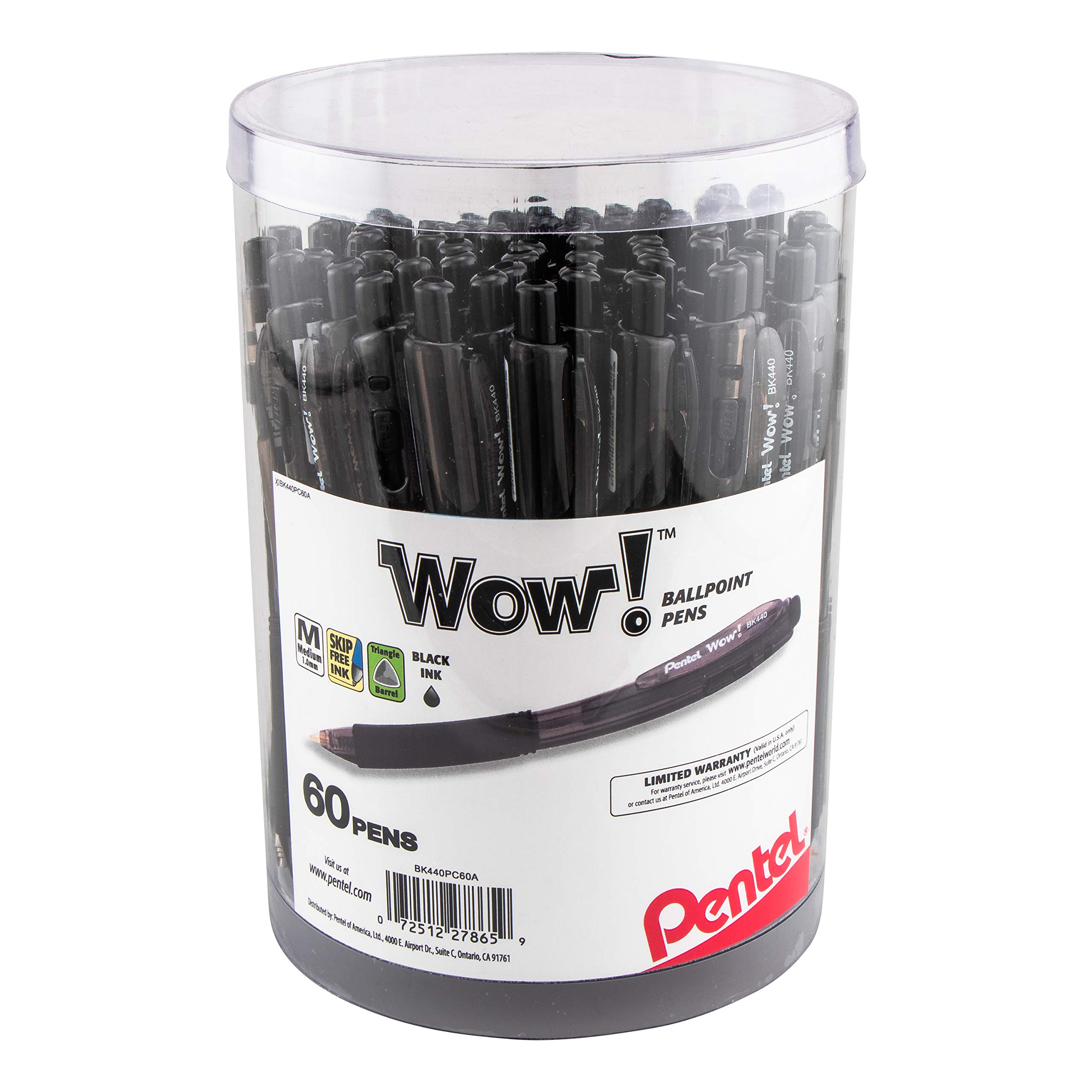 Pentel WOW! Ballpoint Pen, (1.0mm) Medium Line, Black Ink, Pack of 60, Canister (BK440PC60A)