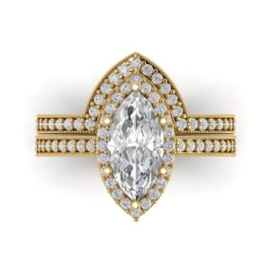 Clara Pucci 2.16ct Marquise Round Cut Halo Solitaire Moissanite Engagement Promise Anniversary Bridal Ring Band set 14k Yellow Gold 5.5