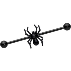 body candy 14g black pvd steel helix cartilage earring black accent scary spider industrial barbell 1 1/2"