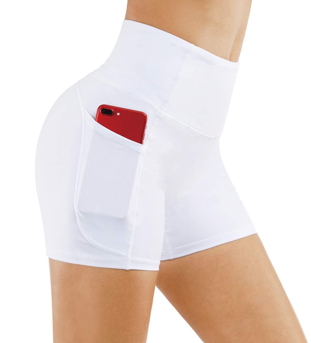 THE GYM PEOPLE High Waist Yoga Shorts for Women Tummy Control Fitness Athletic Workout Running Shorts with Deep Pockets (Medium, White)