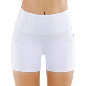 THE GYM PEOPLE High Waist Yoga Shorts for Women Tummy Control Fitness Athletic Workout Running Shorts with Deep Pockets (Medium, White)