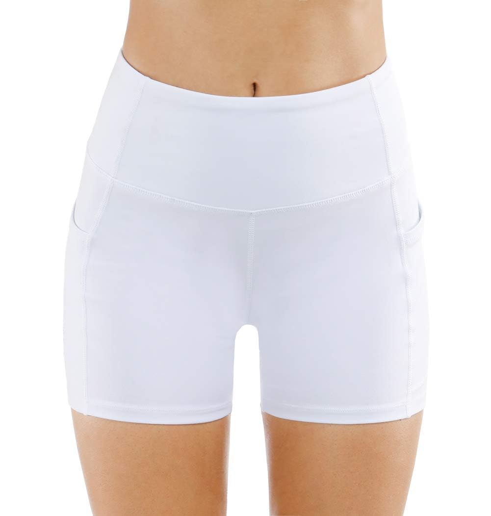 THE GYM PEOPLE High Waist Yoga Shorts for Women Tummy Control Fitness Athletic Workout Running Shorts with Deep Pockets (Medium, White)