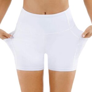 THE GYM PEOPLE High Waist Yoga Shorts for Women Tummy Control Fitness Athletic Workout Running Shorts with Deep Pockets (Medium, White)