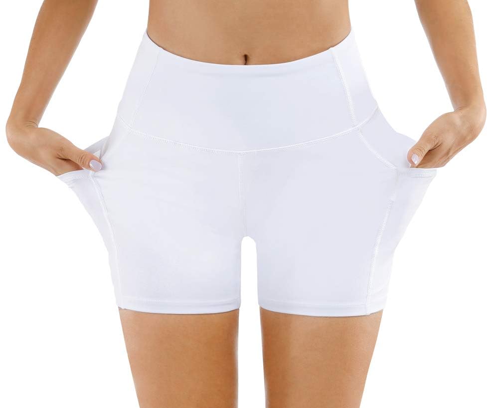 THE GYM PEOPLE High Waist Yoga Shorts for Women Tummy Control Fitness Athletic Workout Running Shorts with Deep Pockets (Medium, White)