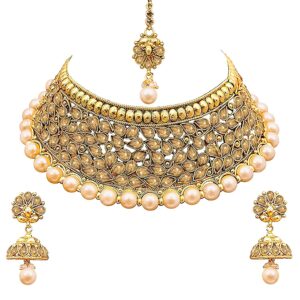 aheli wedding designer choker necklace with jhumki earrings maang tikka set ethnic bollywood traditional fashion stylish jewelry for indian women & girls