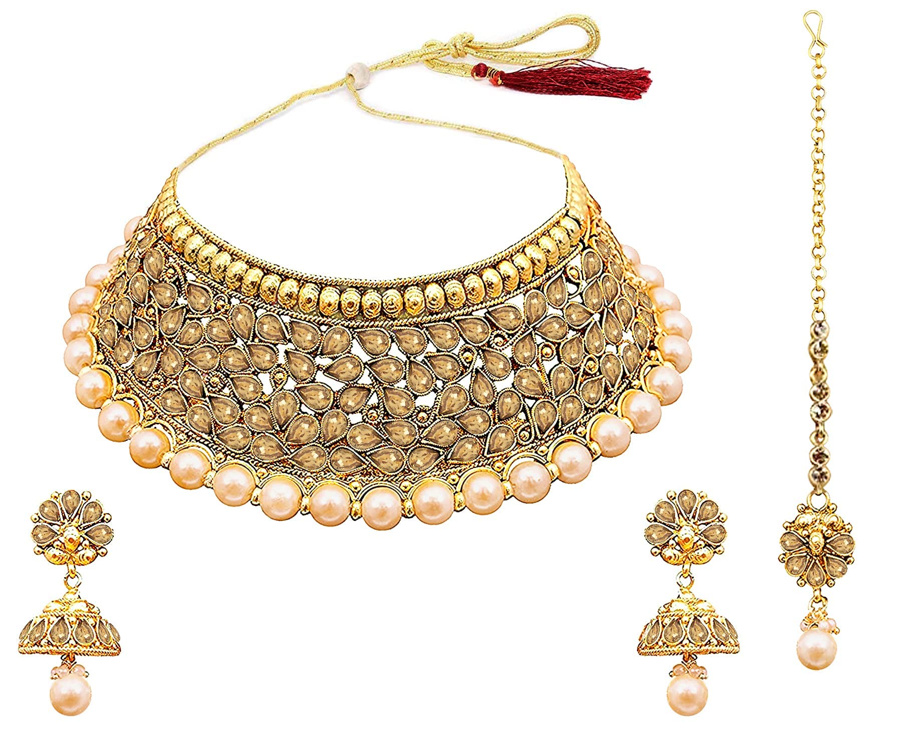 Aheli Wedding Designer Choker Necklace with Jhumki Earrings Maang Tikka Set Ethnic Bollywood Traditional Fashion Stylish Jewelry for Indian Women & Girls