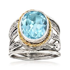 Ross-Simons 5.00 Carat Sky Blue Topaz Openwork Ring in Sterling Silver and 14kt Yellow Gold. Size 8