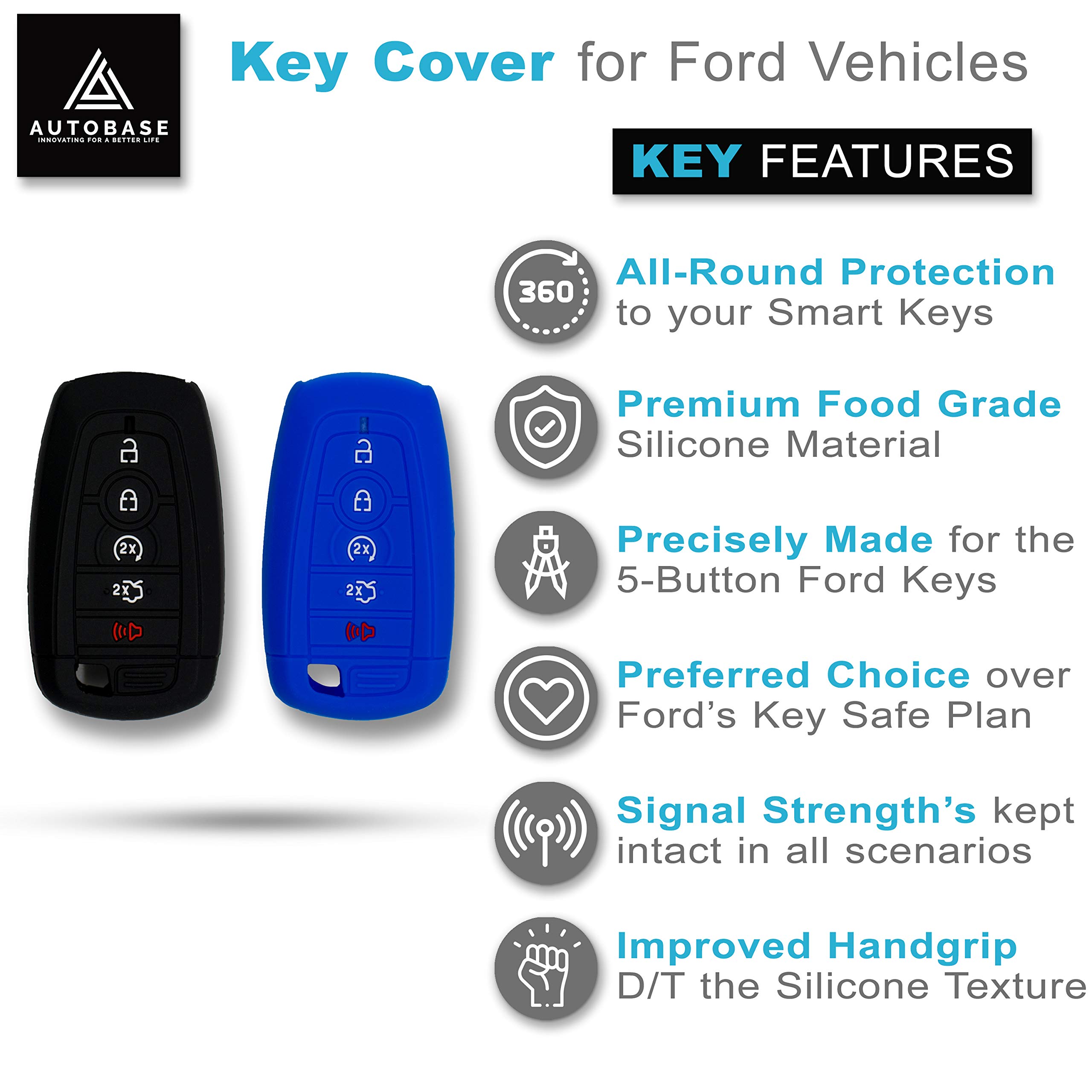 Autobase Silicone Key Fob Cover for Ford Fusion F150 F250 F350 F450 F550 Edge Explorer Bronco Expedition Mustang F-150 Raptor | Car Accessory | Key Protection Case 2 Pcs (Black and Blue)