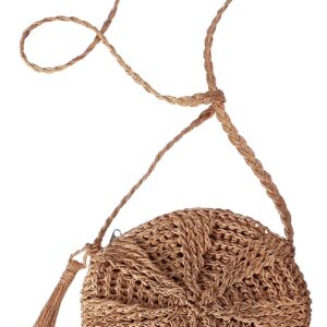 Ayliss Women Straw Crossbody Purse Beach Handmade Woven Shoulder Bag with Tassels (Round-Khaki)