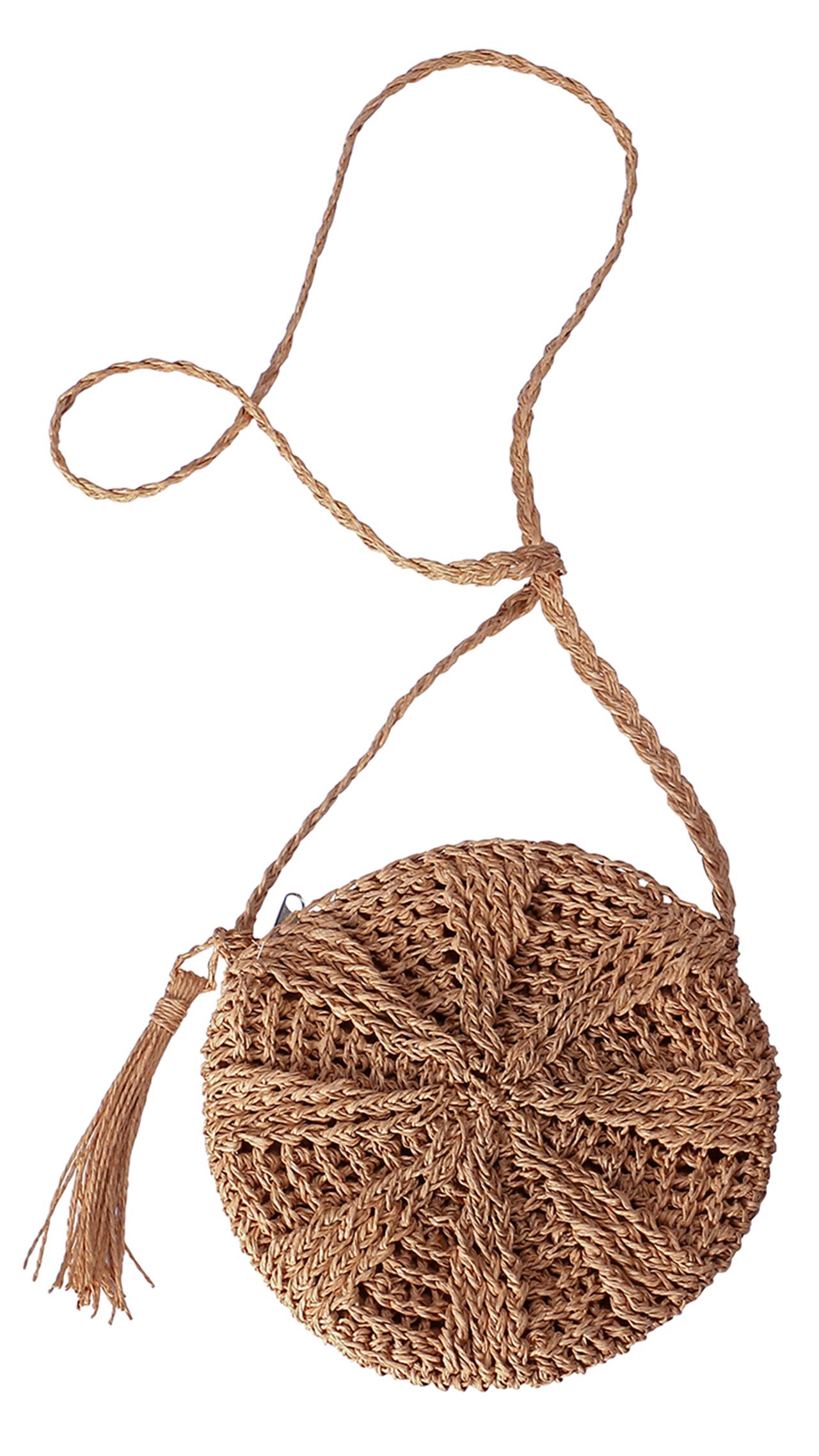 Ayliss Women Straw Crossbody Purse Beach Handmade Woven Shoulder Bag with Tassels (Round-Khaki)