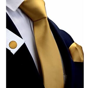 GUSLESON Brand Men's silk Solid Gold Yellow Tie Neckties and Pocket Square Cufflinks Sets (0789-11)