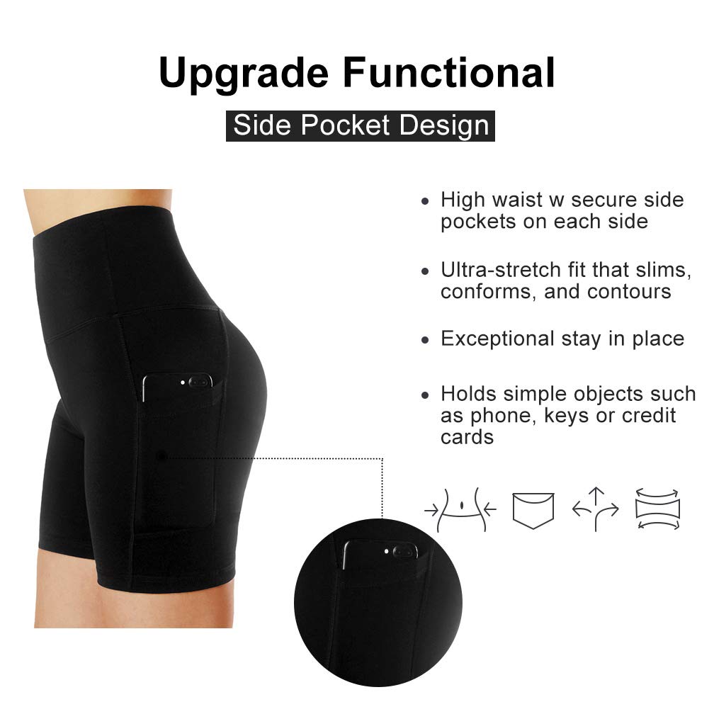 Tesuwel Women's Yoga Shorts with Pockets High Waisted Workout Shorts for Women Quick Dry Compression Running Athletic Shorts Womens Stretch Knee Length Sports Shorts for Gym Exercise Black M