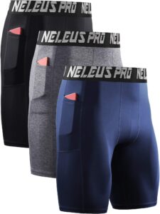 neleus men's 3 pack compression shorts with pockets dry fit yoga running shorts,6063,black/grey/navy blue,us l,eu xl