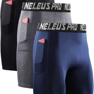 NELEUS Men's 3 Pack Compression Shorts with Pockets Dry Fit Yoga Running Shorts,6063,Black/Grey/Navy Blue,US L,EU XL