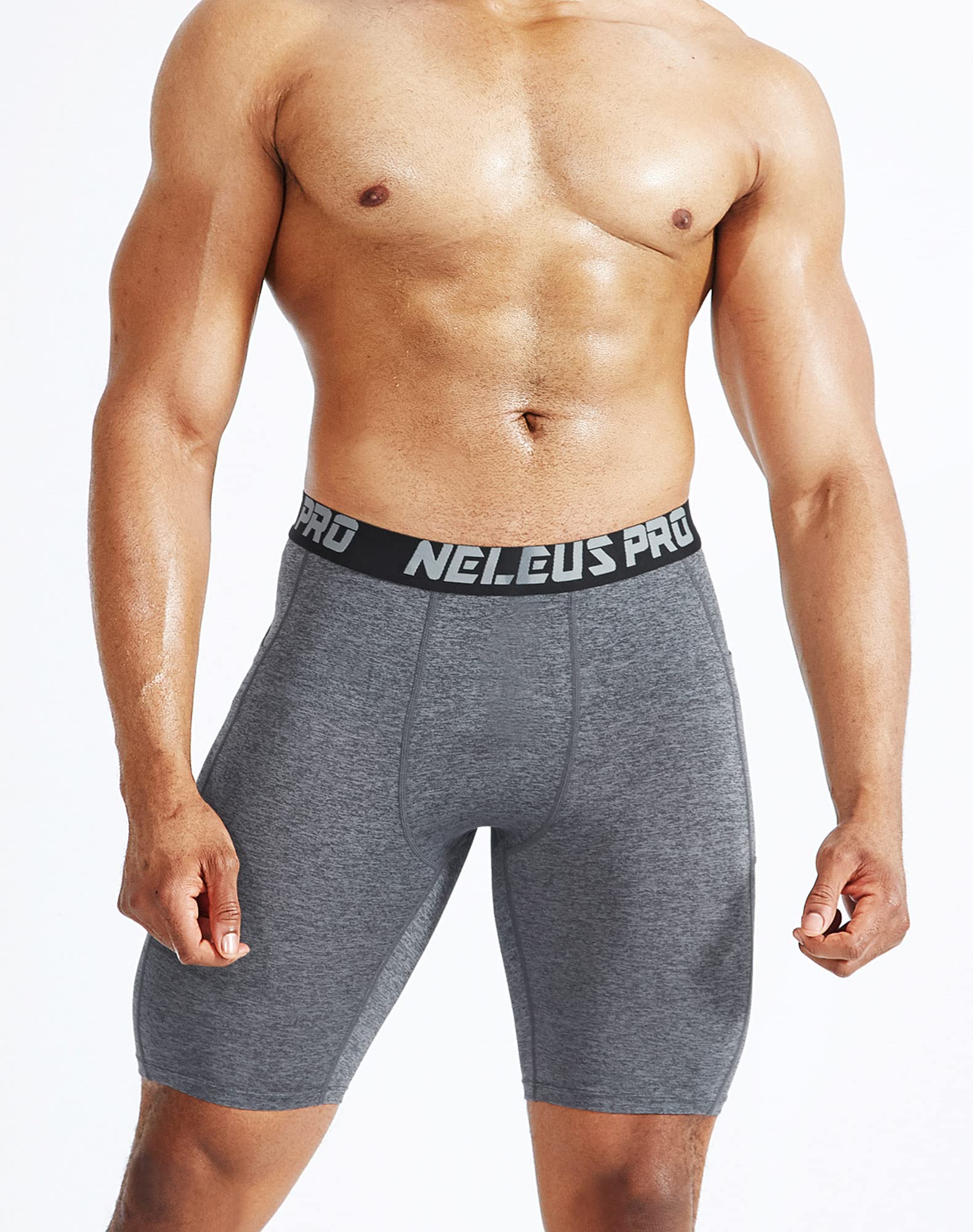 NELEUS Men's 3 Pack Compression Shorts with Pockets Dry Fit Yoga Running Shorts,6063,Black/Grey/Navy Blue,US L,EU XL