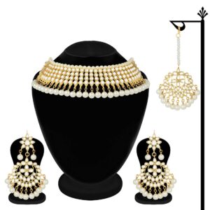 Aheli Ethnic Wedding Wear Faux Kundan Beaded Necklace (White) with Maang Tikka Set Indian Fashion Jewelry for Women