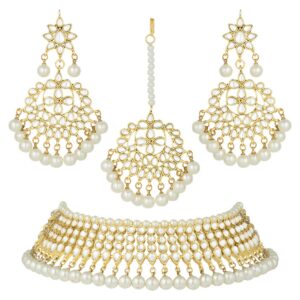 aheli ethnic wedding wear faux kundan beaded necklace (white) with maang tikka set indian fashion jewelry for women